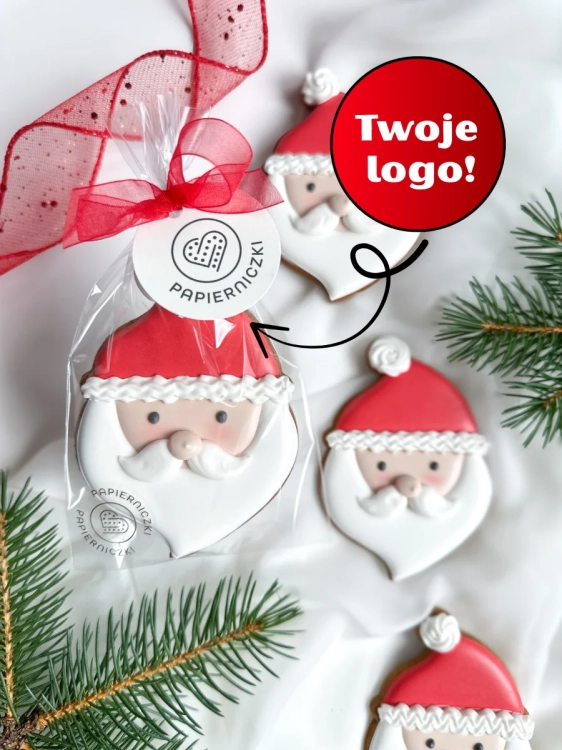 ręcznie zdobione pierniki świąteczne dla firm w kształcie mikołaja z personalizowanym bilecikiem z życzeniami świątecznymi i logo firmy