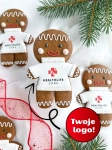 ręcznie zdobiony, duży piernik świąteczny w kształcie piernikowego ludzika z personalizowanym logo jako upominki i prezenty świąteczne dla firm
