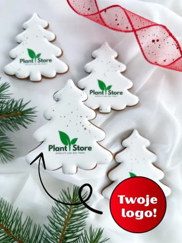 ręcznie zdobione pierniki świąteczne w kształcie choinki z personalizowanym logo, jako świąteczne prezenty dla firm