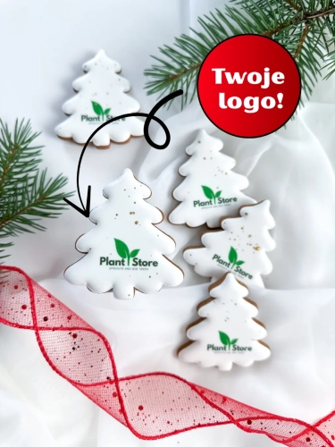ręcznie zdobione mini pierniczki świąteczne w kształcie choinki z logo firmy jako słodycze reklamowe lub firmowe upominki