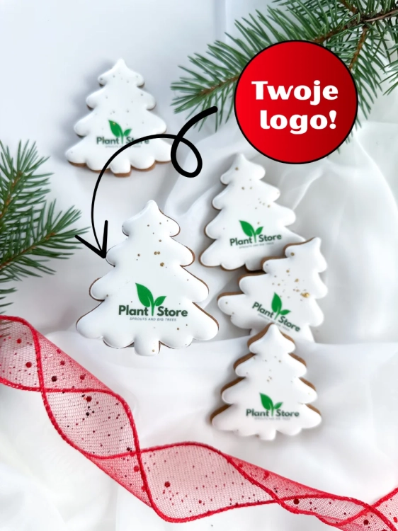 ręcznie zdobione mini pierniczki świąteczne w kształcie choinki z logo firmy jako słodycze reklamowe lub firmowe upominki