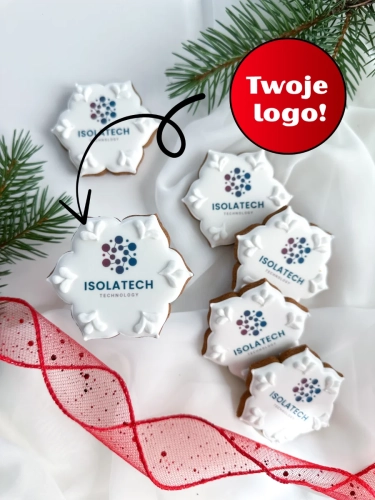 ręcznie zdobione mini pierniczki świąteczne w kształcie śnieżynki z logo firmy jako słodycze reklamowe lub firmowe upominki