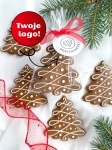 ręcznie zdobiony piernik świątecznym kształcie choinki z eleganckimi, delikatnymi zdobieniami z lukru królewskiego z możliwym personalizowanym bilecikiem z logo