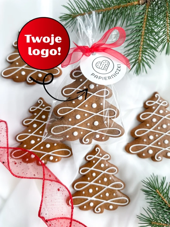 ręcznie zdobiony piernik świątecznym kształcie choinki z eleganckimi, delikatnymi zdobieniami z lukru królewskiego z możliwym personalizowanym bilecikiem z logo