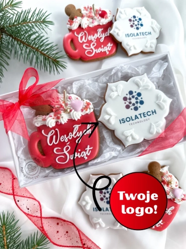 zestaw ręcznie zdobionych pierników świątecznych w kształcie kubka gorącej czekolady i śnieżynki z personalizowanym logo firmy zapakowane w ozdobne pudełko prezentowe, idealne jako prezenty świąteczne dla firm transportowych i pracowników