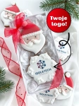 zestaw ręcznie zdobionych pierników świątecznych w kształcie mikołaja i śnieżynki z personalizowanym logo firmy zapakowane w ozdobne pudełko prezentowe, idealne jako prezenty świąteczne dla firm, kontrachentów i pracowników