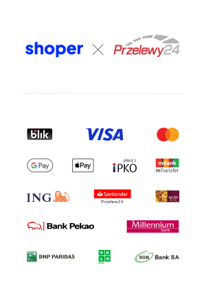 Baner prezentujący operatora płatności jakim jest Przelewy24. Baner prezentuje również jakie formy płatności  są dostępne w naszym sklepie internetowy, tj. plik, karta, przelew natychmiastowy, apple pay oraz google pay